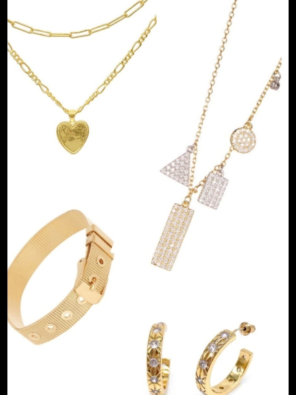 Gold Layered Heart & Pave Charm Necklace Set - Gold